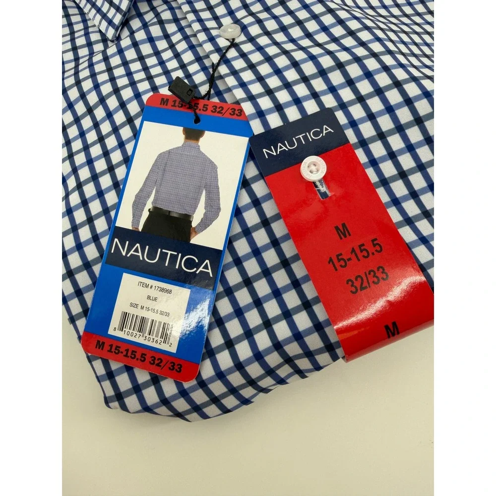 Nautica Mens Performance Dress Shirt‎ Slim Fit Blue White Check M 15-15.5 32/33